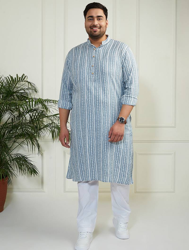 Men's grey and white cotton kurta pyjama set