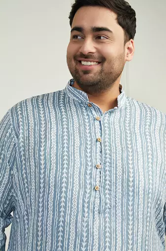 Men's grey and white cotton kurta pyjama set