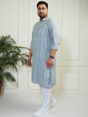 Men's grey and white cotton kurta pyjama set 4