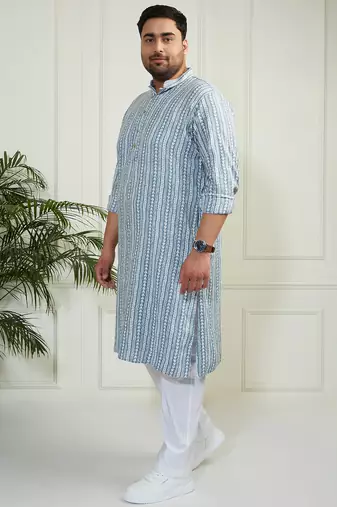 Men's grey and white cotton kurta pyjama set