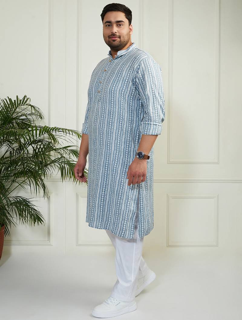 Men's grey and white cotton kurta pyjama set