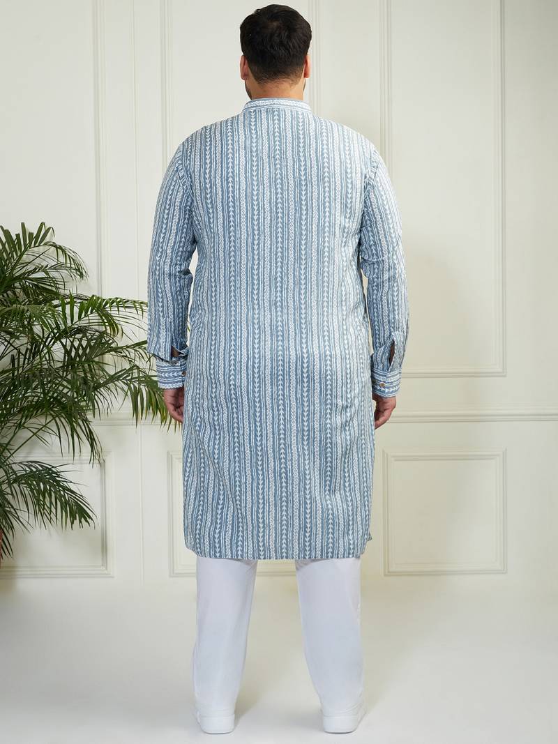 Men's grey and white cotton kurta pyjama set