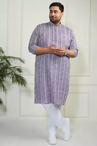 Men's purple and white cotton kurta pyjama set