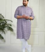 Men's purple and white cotton kurta pyjama set