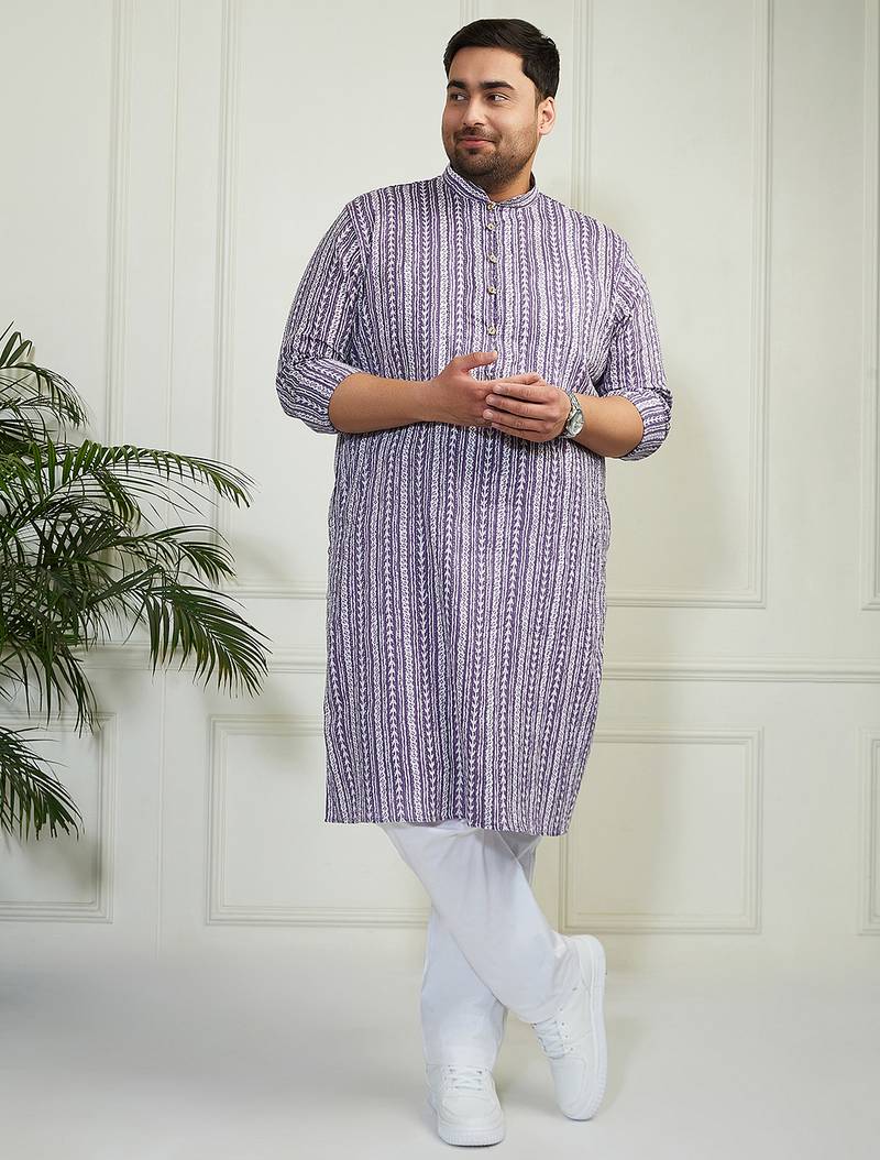Men's purple and white cotton kurta pyjama set
