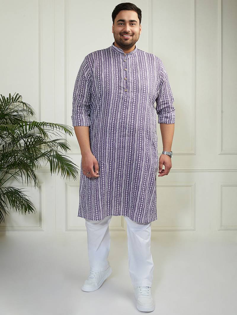 Men's purple and white cotton kurta pyjama set