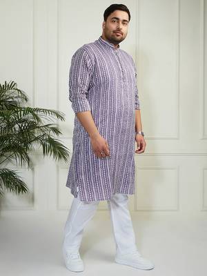 Men's purple and white cotton kurta pyjama set 4