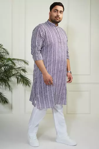 Men's purple and white cotton kurta pyjama set