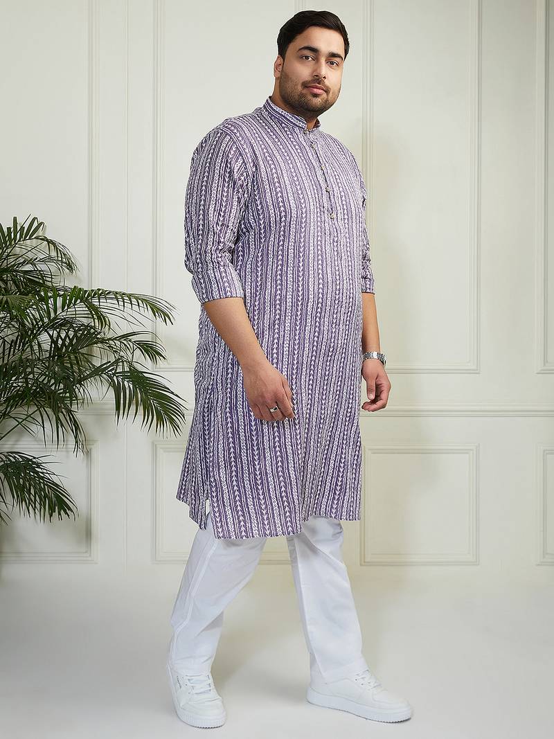 Men's purple and white cotton kurta pyjama set