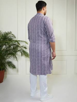 Men's purple and white cotton kurta pyjama set 5