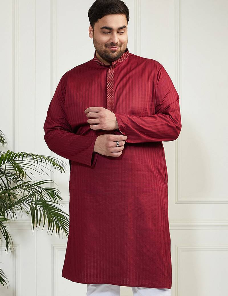 Men's maroon cotton blend kurta
