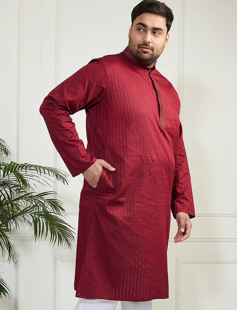 Men's maroon cotton blend kurta
