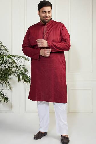 Men's maroon and white cotton blend kurta pyjama set