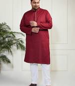 Men's maroon and white cotton blend kurta pyjama set