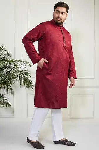 Men's maroon and white cotton blend kurta pyjama set