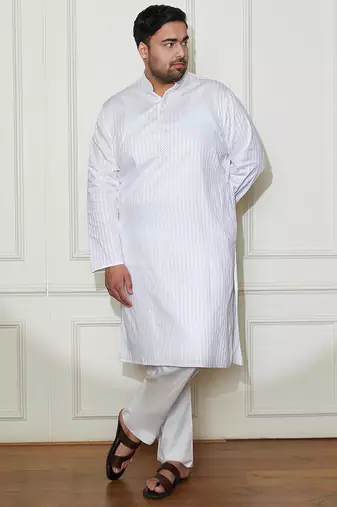 Men's white cotton blend kurta pyjama set