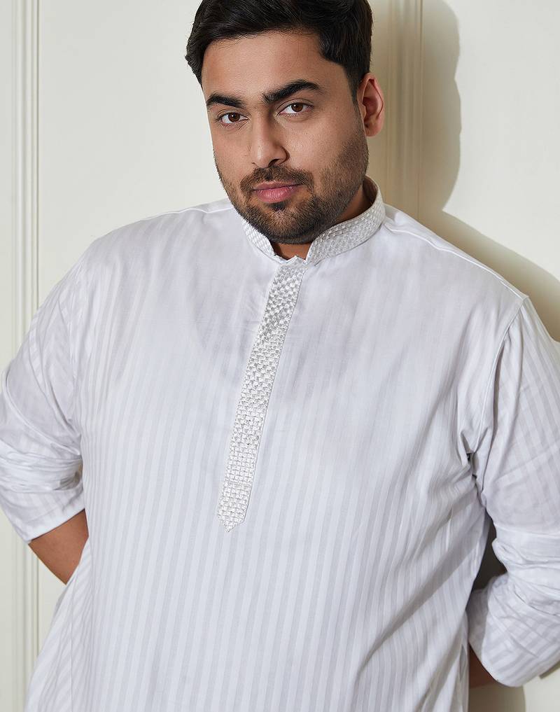 Men's white cotton blend kurta pyjama set