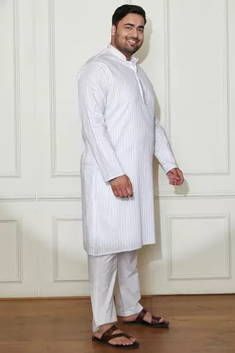 Men's white cotton blend kurta pyjama set
