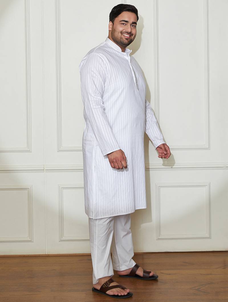 Men's white cotton blend kurta pyjama set