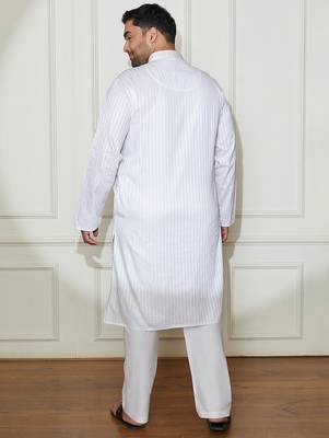 Men's white cotton blend kurta pyjama set 5