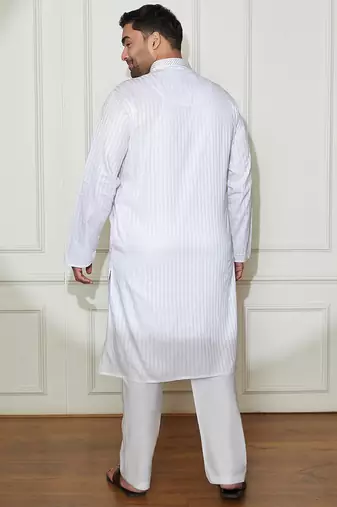 Men's white cotton blend kurta pyjama set
