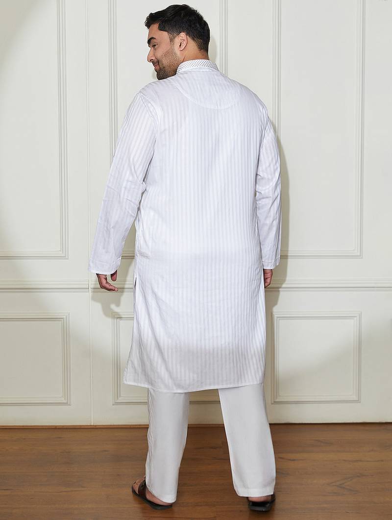 Men's white cotton blend kurta pyjama set