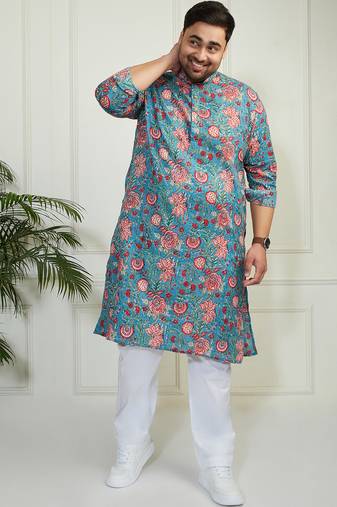 Men's aqua and white cotton kurta pyjama set