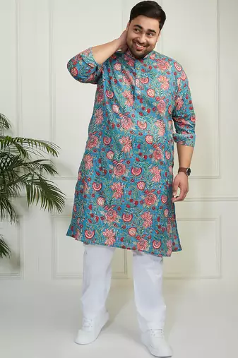 Men's aqua and white cotton kurta pyjama set