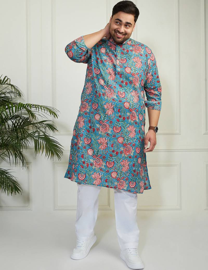 Men's aqua and white cotton kurta pyjama set