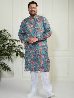 Men's aqua and white cotton kurta pyjama set 2