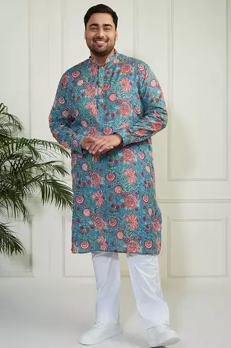 Men's aqua and white cotton kurta pyjama set