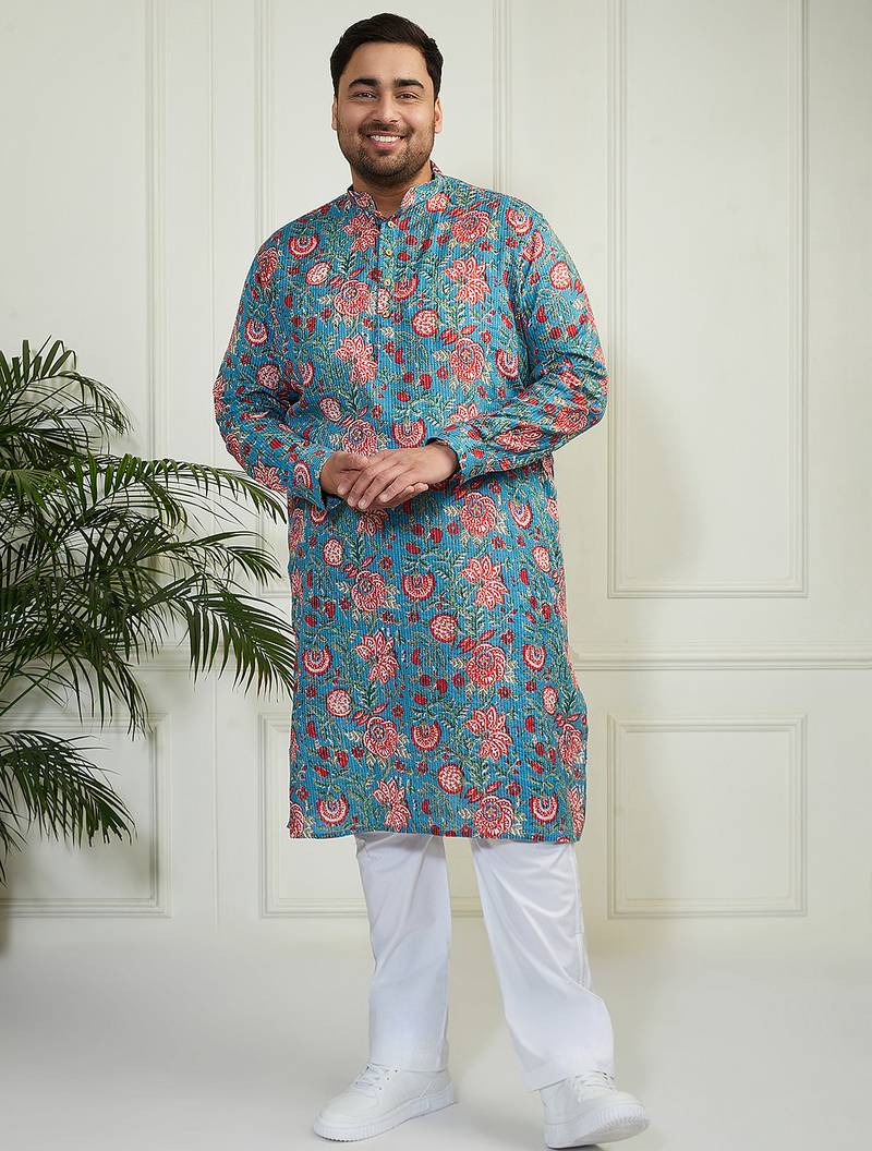 Men's aqua and white cotton kurta pyjama set