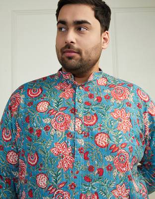Men's aqua and white cotton kurta pyjama set 3