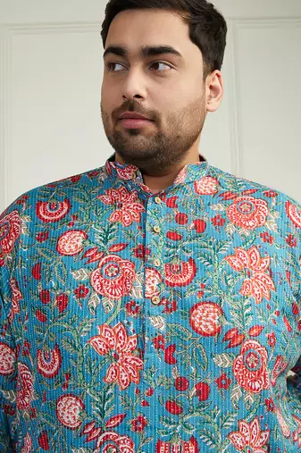 Men's aqua and white cotton kurta pyjama set