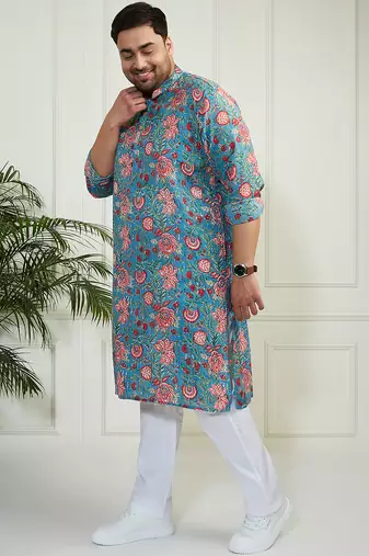 Men's aqua and white cotton kurta pyjama set