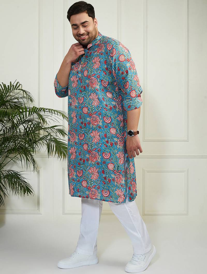 Men's aqua and white cotton kurta pyjama set