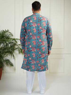 Men's aqua and white cotton kurta pyjama set 5