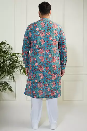 Men's aqua and white cotton kurta pyjama set