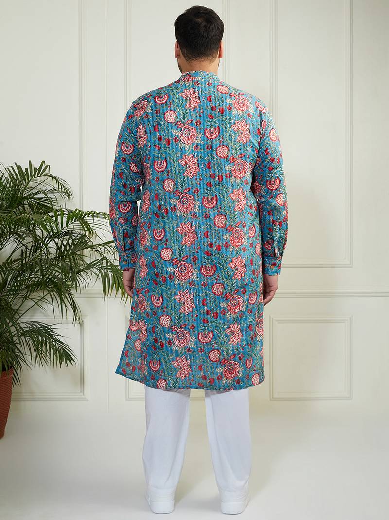 Men's aqua and white cotton kurta pyjama set