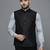 Men solid black nehru jacket with self shine
