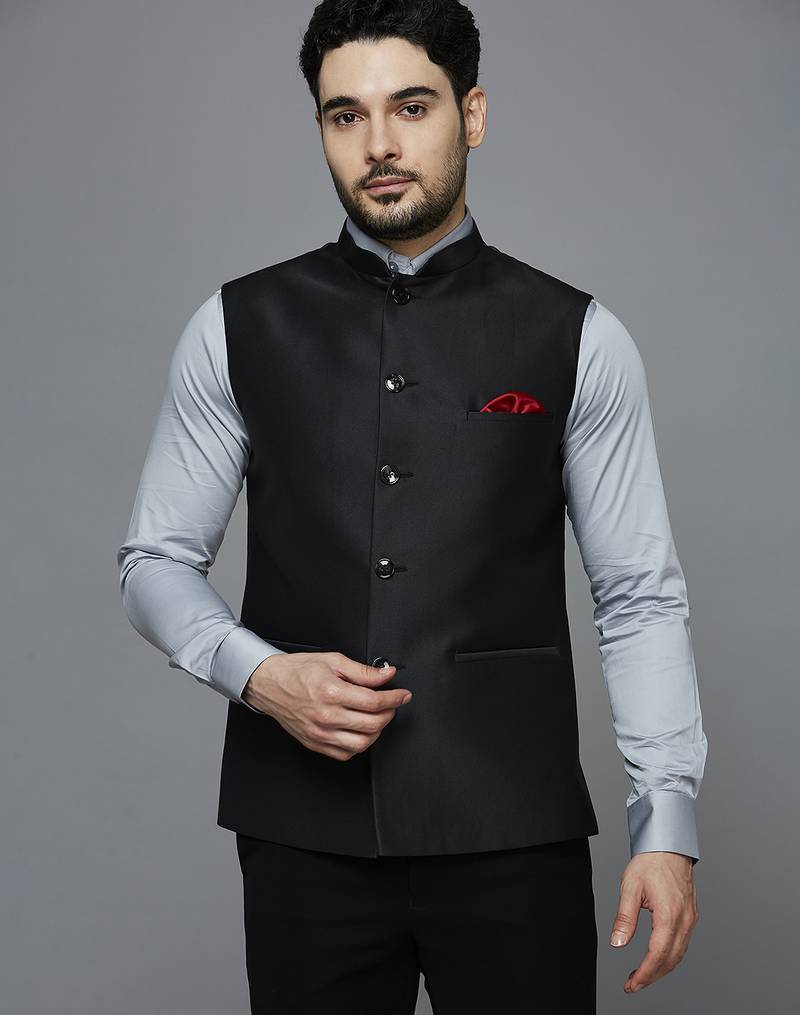Men solid black nehru jacket with self shine