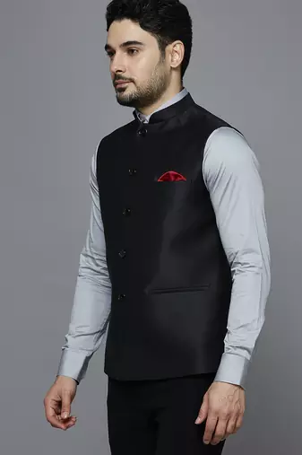 solid black nehru jacket with self shine