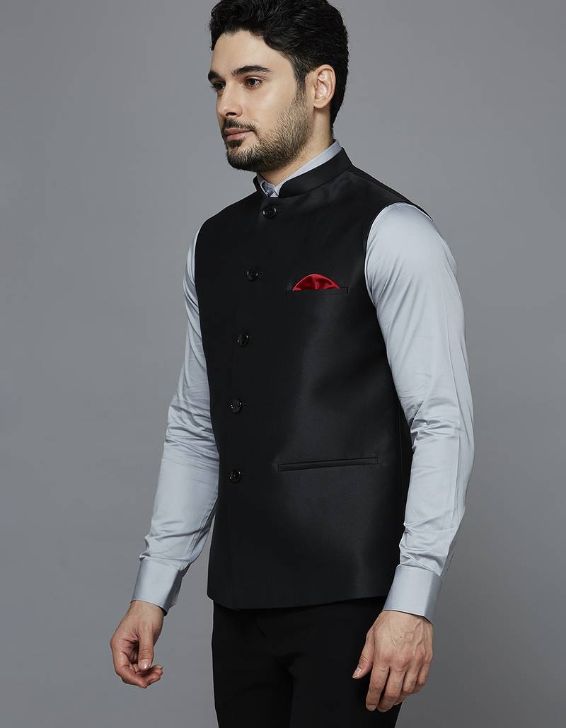 Men solid black nehru jacket with self shine