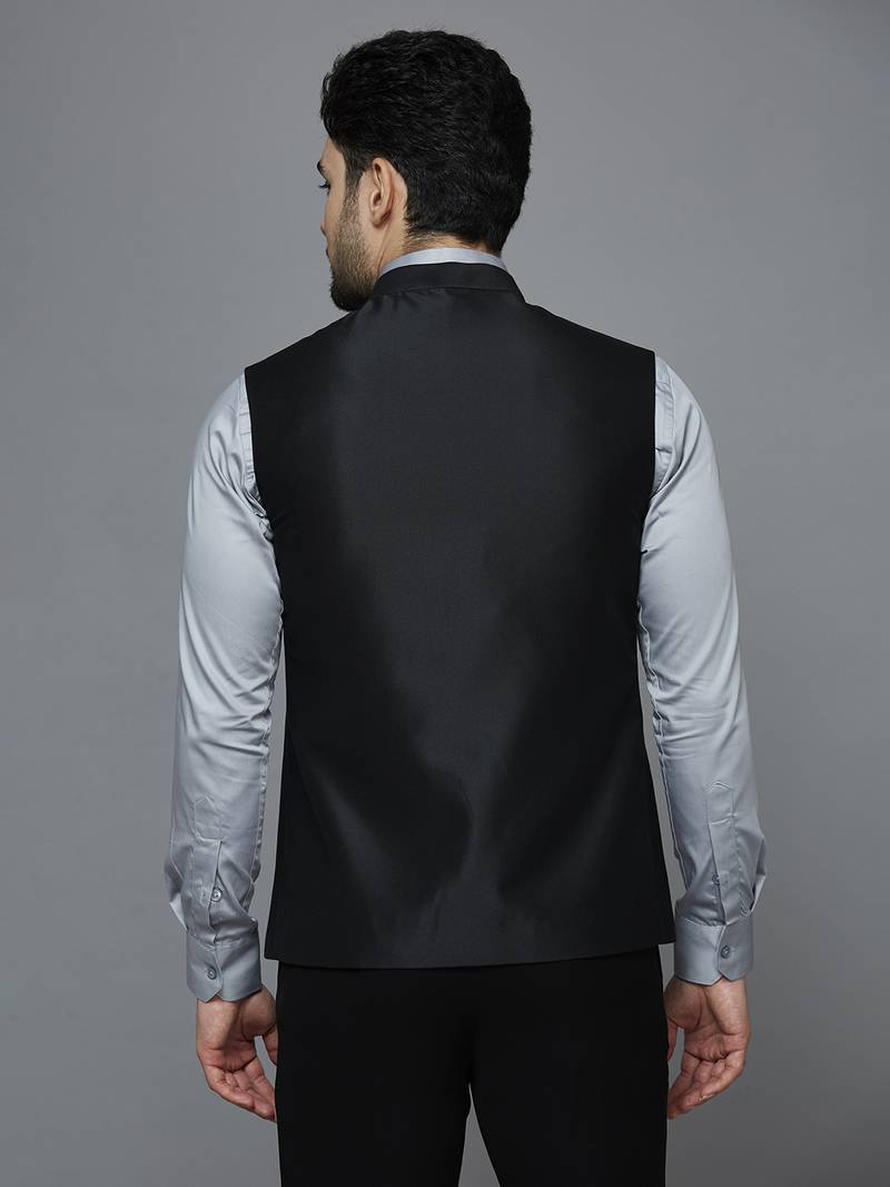 Men solid black nehru jacket with self shine
