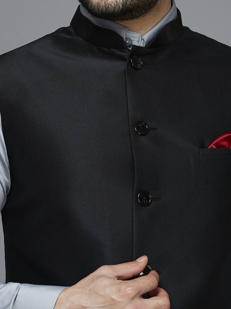 Men solid black nehru jacket with self shine