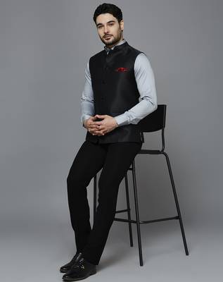 solid black nehru jacket with self shine 5