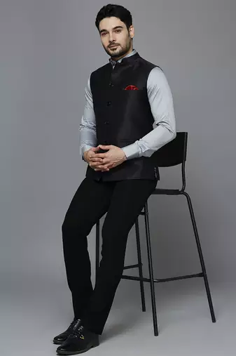 solid black nehru jacket with self shine