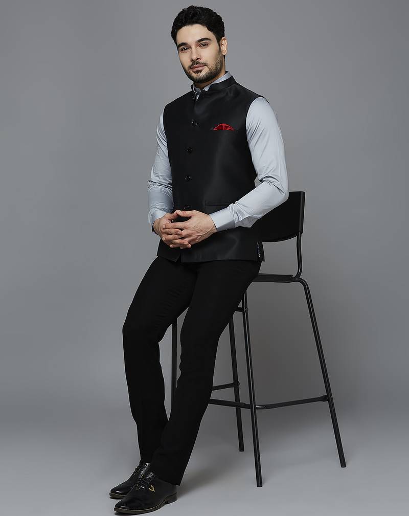 Men solid black nehru jacket with self shine