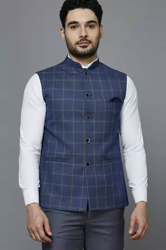 Men blue nehru jacket with golden yellow chex and texture