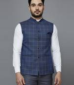 blue nehru jacket with golden yellow chex and texture